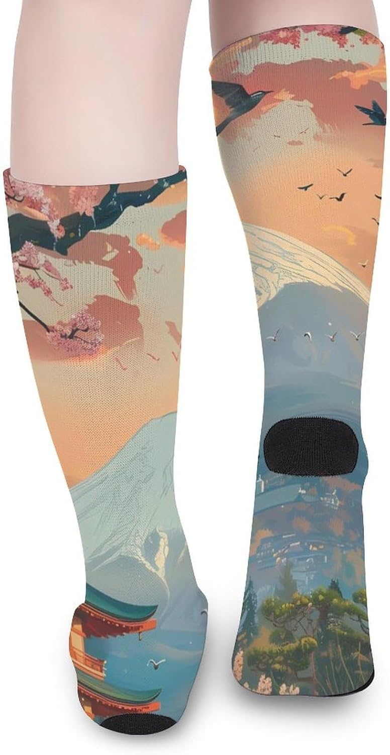 Japanese Temple on Mount Fuji Lake Cherryflower Knee High Socks Athletic Long Stockings Sport Casual Crew Tube Sock Boot 40cm
