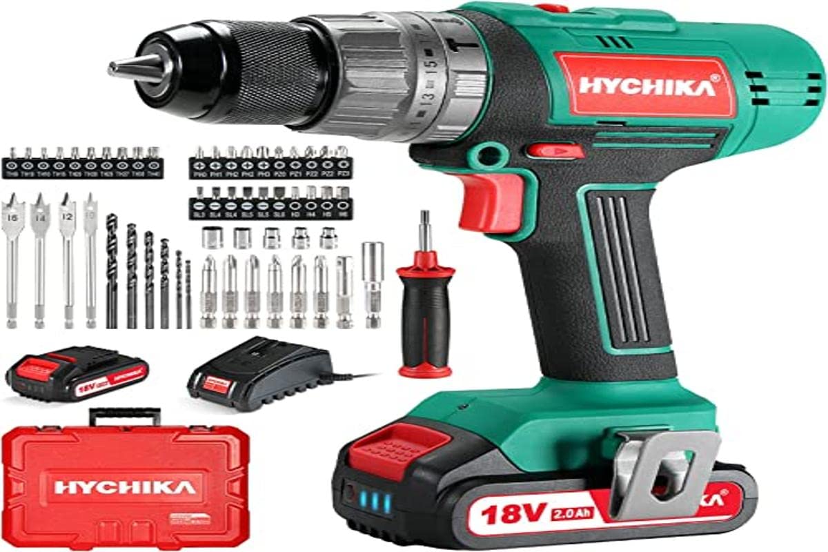HYCHIKA Młotowiertarka 18V 45Nm, akumulatory 2.0Ah, 27 akcesoriów, 21+3 ustawienia momentu obrotowego, szybka ładowarka