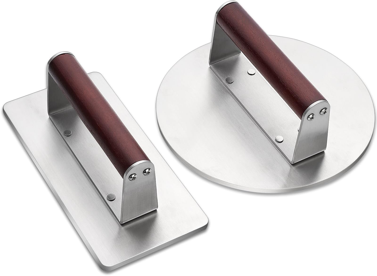 EWFEN Stainless Steel Burger Press, 8.5" Round & 9 * 4.2" Rectangle Heavy-Duty Smash Bacon Press Meat Steak with Wood Handle for Griddle, Sandwich, Nonstick Pan