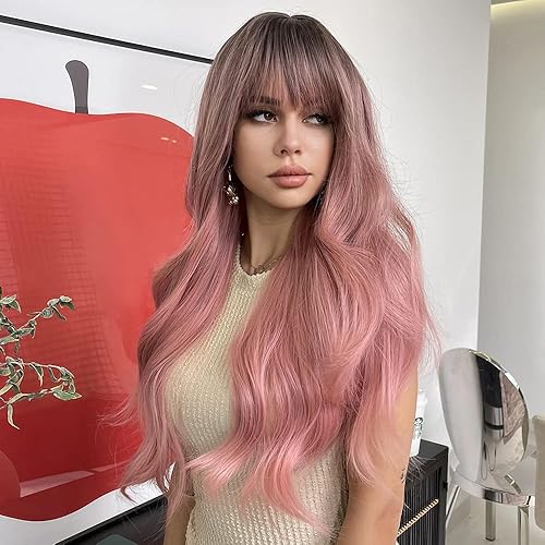 Miniatura 30 de Peluca rubia ombré con flequillo, pelucas largas de color marrón degradado y rubio para mujer, pelucas sintéticas onduladas rubias cenizas
