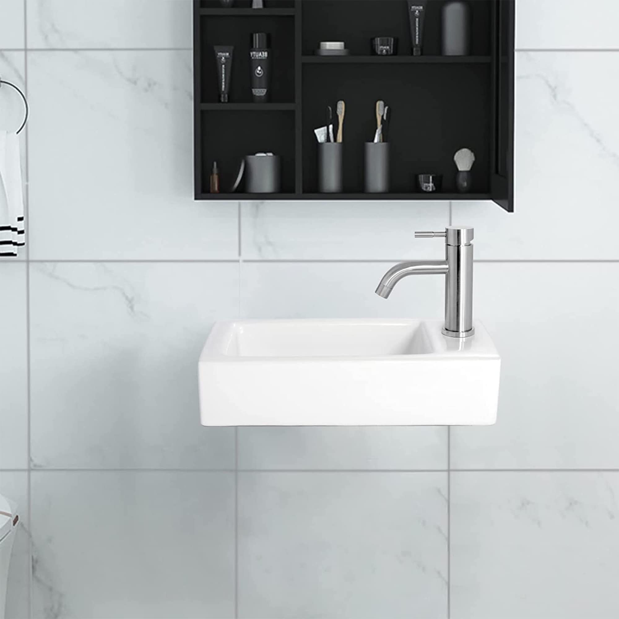 OUUTMEE Lavabo de pared, para diestros, 370 x 185 x 90 mm, lavabo pequeño sobre encimera, lavabo de pared o sobre encimera, inodoro de invitados, blanco, juego