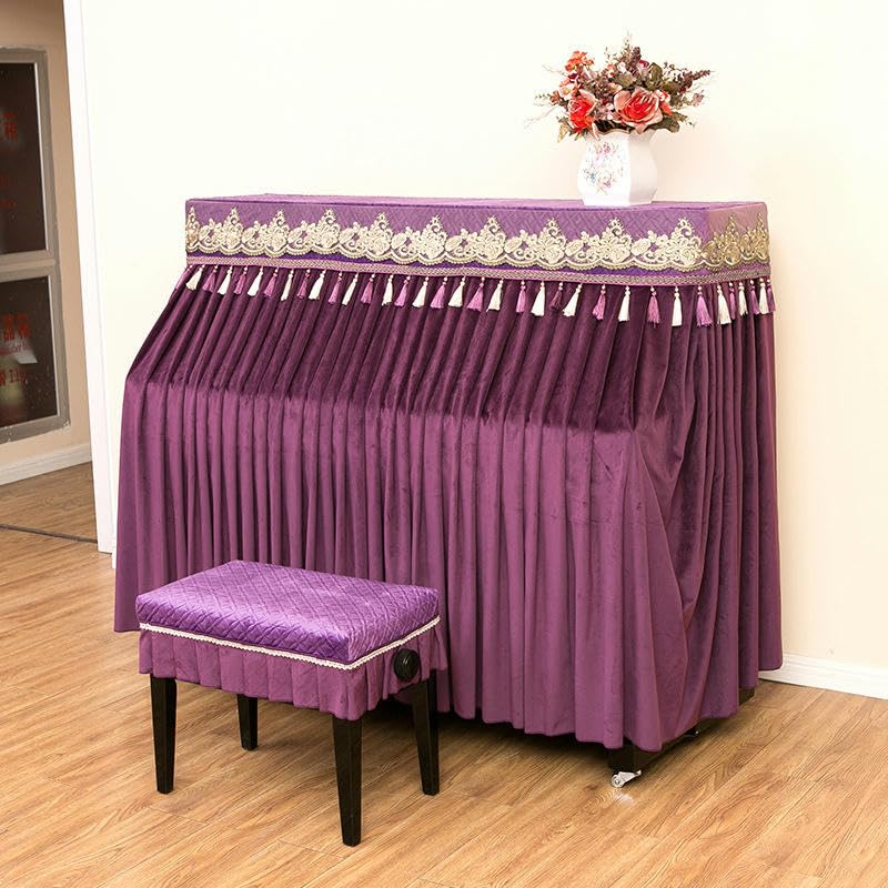 Per pianoforte standard da 150 cm Velluto viola Nappa con volant Copertura antipolvere per pianoforte verticale con copertura per sgabello Copertura per pianoforte verticale completa Copertura solare