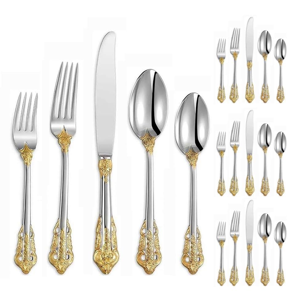 Vintage Embossed Gold Flower Kitchen Stainless Steel Silverware Tableware Flatware Cutlery Set Steak Knife Fork Spoon Teaspoon Dessert Fork (Gold Silver,20 pieces)