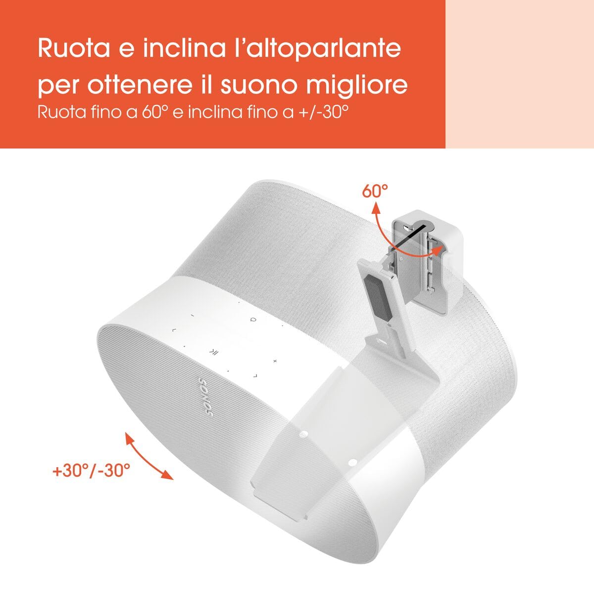 Vogel's SWM 4131 Supporto da parete per altoparlanti per Sonos ERA 300, max. 5 kg, inclinabile -30º/+30º, orientabile fino a 60º (sinistra/destra), bianco