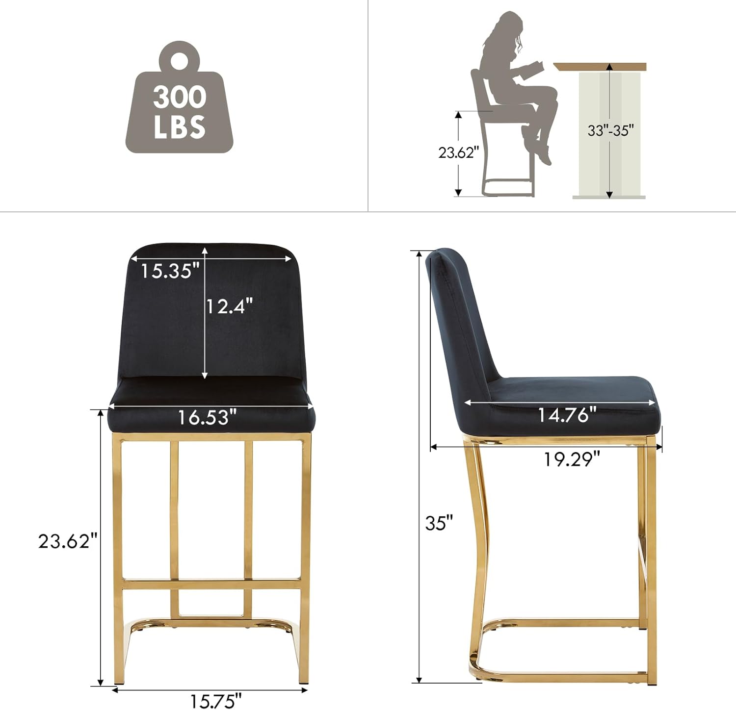 24”H Counter Height Barstools Set of 2, Velvet Mid Century Modern Barstools with Golden Legs, Upholstered Bar Chair with Back for Bar, Kitchen Island, Pub, Black