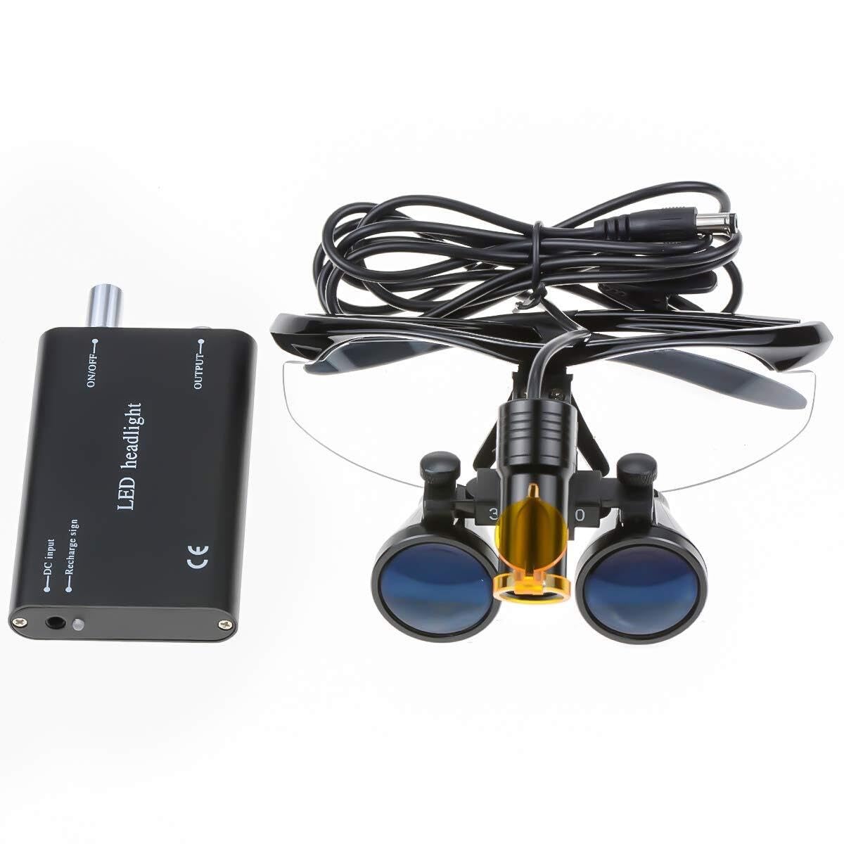 Lente di ingrandimento binocolo 3,5 x 420 mm con faro LED 5 W ricaricabile e filtro, per odontoiatria, chirurgia, oftalmologia, ORL, con valigetta in alluminio DY-007