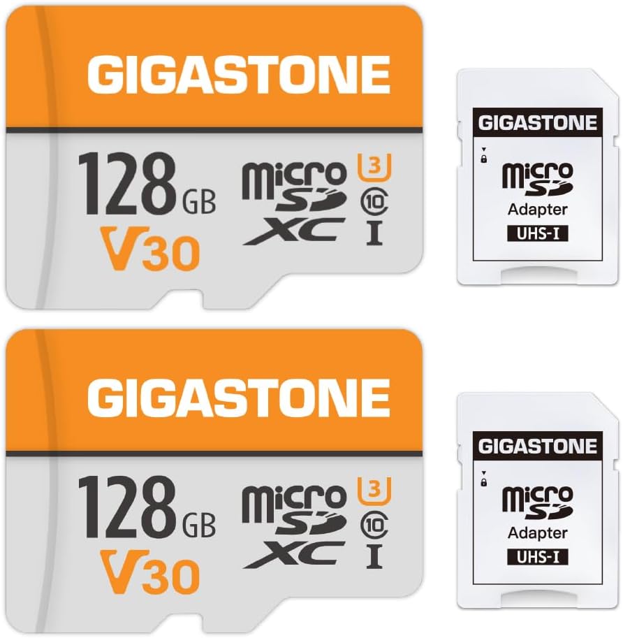 – GIGASTONE 128GB Memory Card 2 Pack Compatible with GoPro Drone Samsung Sony Tablet, High Speed for 4K UHD Video, A1 U3 C10 Micro SDXC Card with Mini Storage Box and SD Adapter
