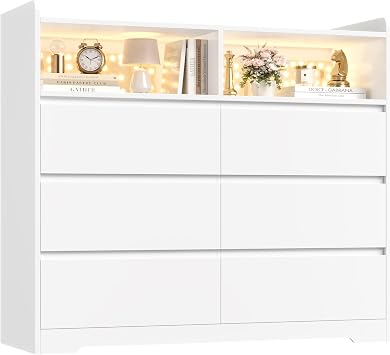 FOTOSOK White Dresser 6 Drawer, 47.2" Dresser for Bedroom Chest of Drawers with 2 Open Cabinets, Wood Dresser Modern Dresser Storage Drawers for Home & Office