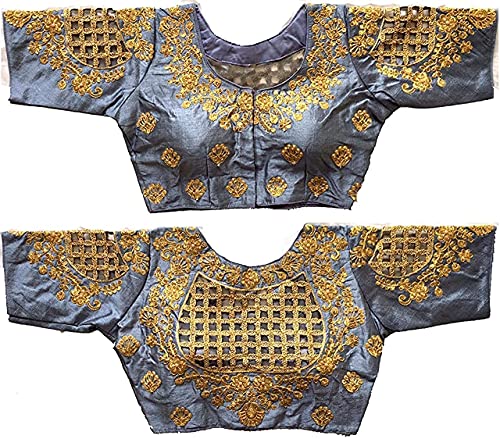 Indian Crafty Vibes Phantom Soie Lourd Brodé Travail Manuel Designer Dos Saree Sari Blouse Demi Manches Readymade pour Femme - Gris - 38 Pouces