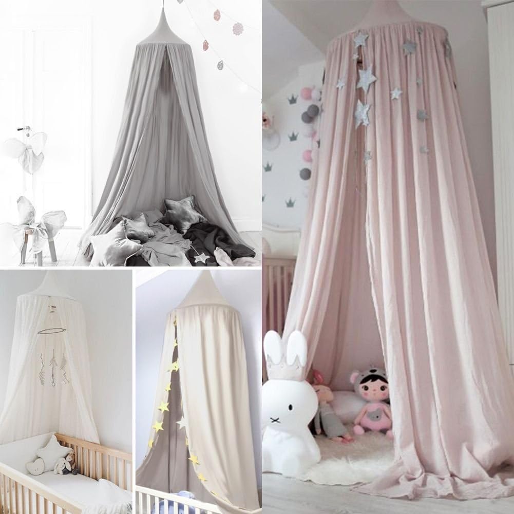 BLUEBRIT Kid Baby Bed Canopy Bedcover Mosquito Net Curtain Round Dome Tent Cotton Bedding - Cozy and Comfortable - Nordic Decor Easy to Install for Indoor and Outdoor (Grey With Gold Star)