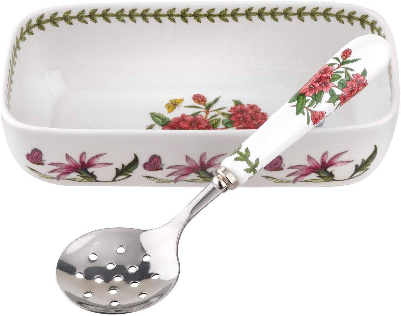 Botanic Garden Cranberry Dish with Slotted Spoon, 2-Piece Set, 8"x 4.25" Sauce Dish with 4.25" Serving Spoon, Rhododendron Flower Motif, Fine Porcelain, Dishwasher and Microwave Safe