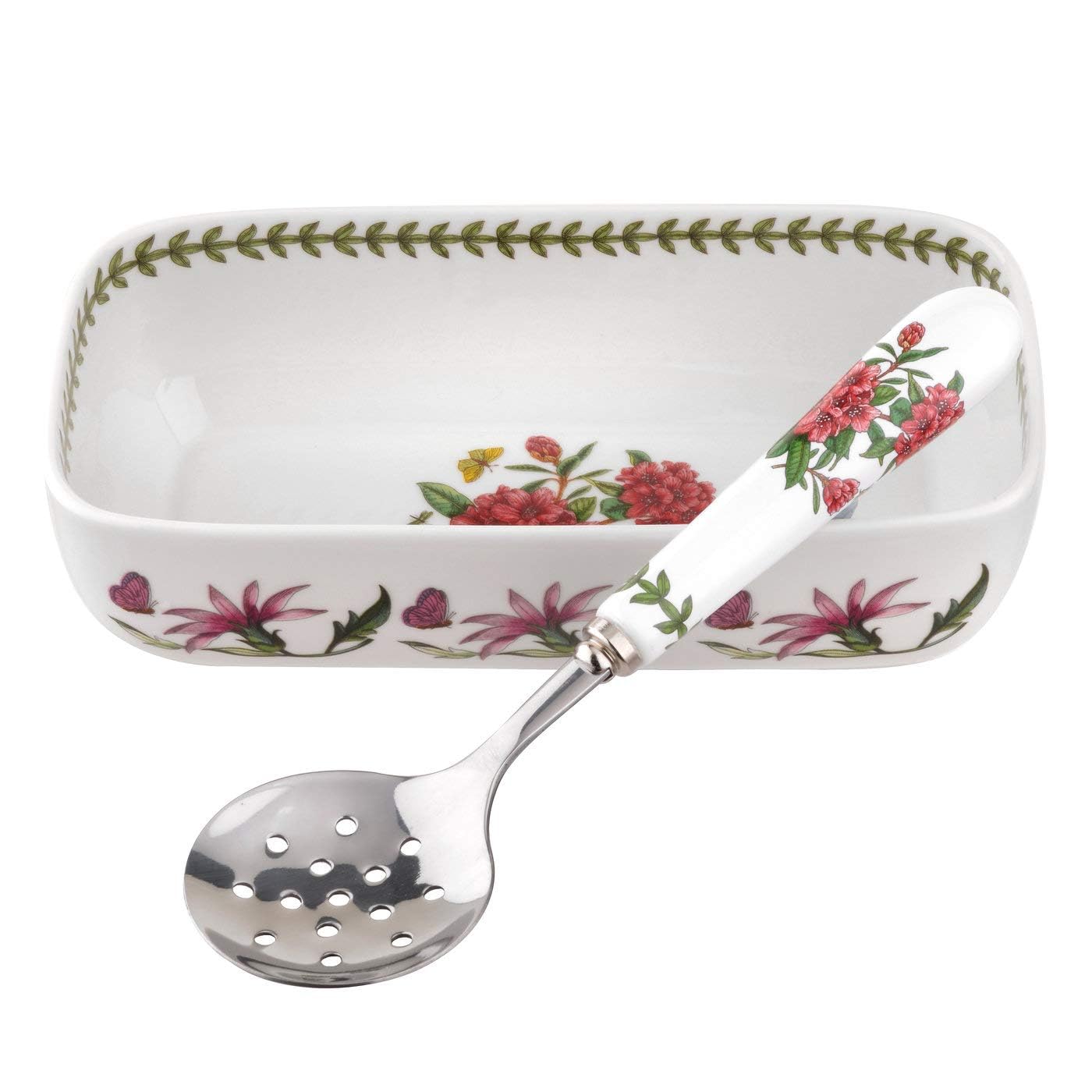 Portmeirion Botanic Garden Cranberry Dish with Slotted Spoon, 2-Piece Set, 8"x 4.25" Sauce Dish with 4.25" Serving Spoon, Rhododendron Flower Motif, Fine Porcelain, Dishwasher and Microwave Safe