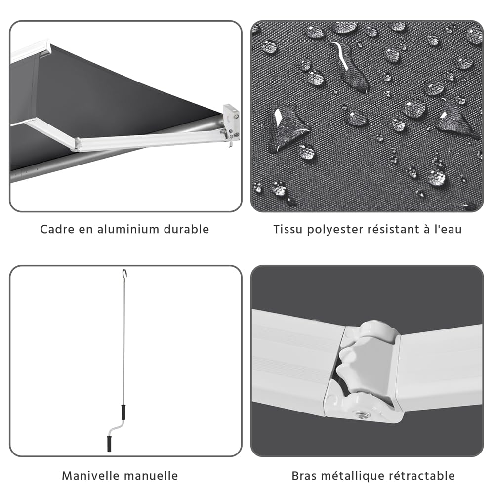 Yaheetech Auvent Rétractable de Contrôle Manuel 250 x 200 cm avec Protection Solaire Réglable pour Balcon, Terrasse, Café, Restaurant - Gris Foncé