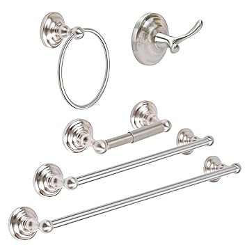 South Main Hardware Traditional Bathroom Accessories Set - 5 Piece - Satin Nickel Finish, Durable Zinc Alloy Construction, Mounting Hardware Included, 5-Piece Set