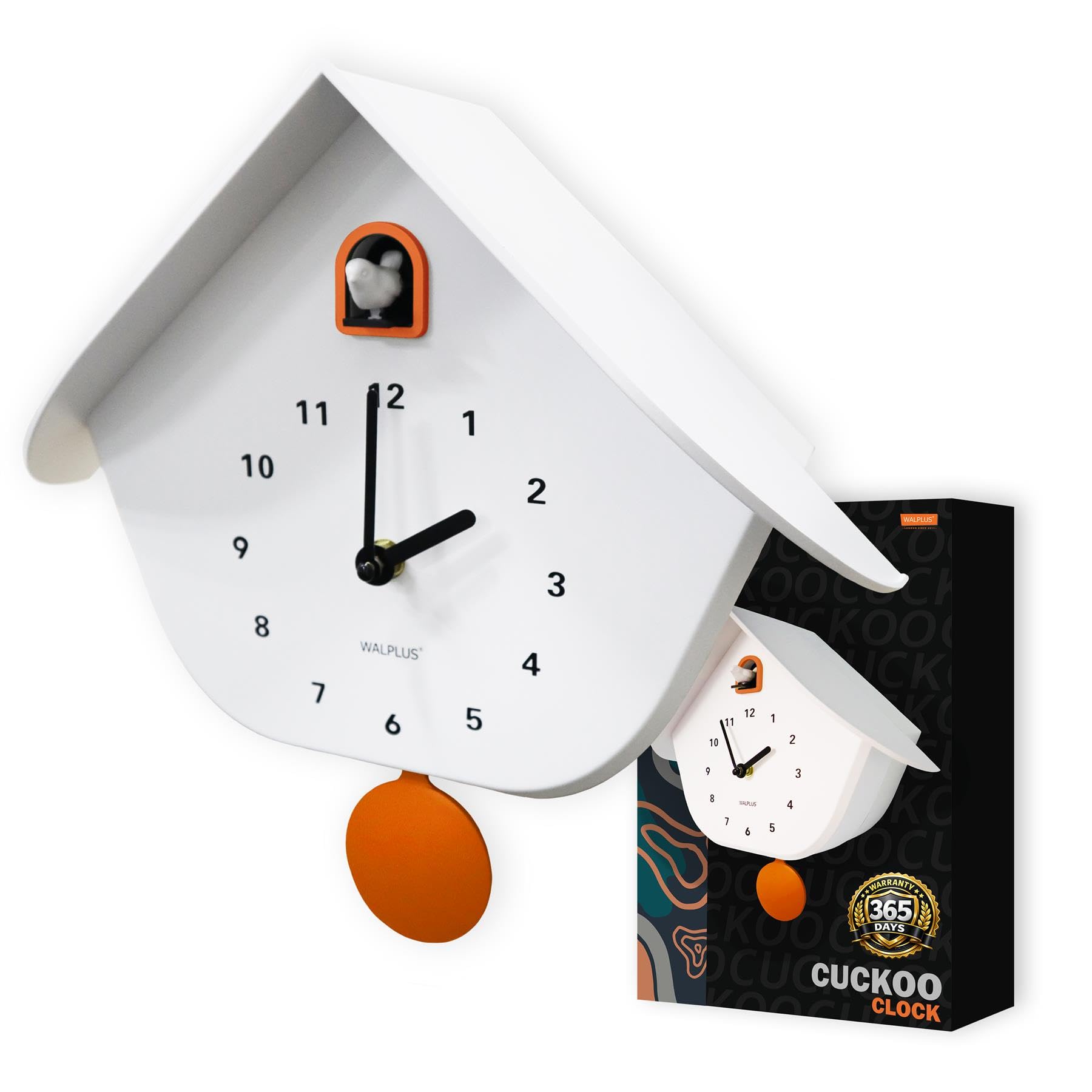 WALPLUS White Matte Cuckoo Clock with Orange Window & Pendulum (32.5cm) - Birdhouse Style, Removable Pendulum