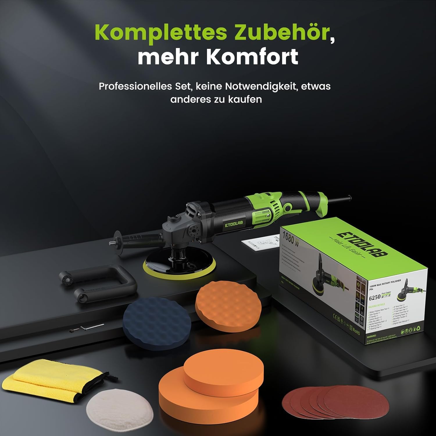 ETOOLAB Upgrade Auto Poliermaschine [2026 Verbessert] 1300W, 7 Variable Geschwindigkeit, 22 tlg, Poliermaschine Set mit 152/178mm Polierpad, für Auto Boot KFZ