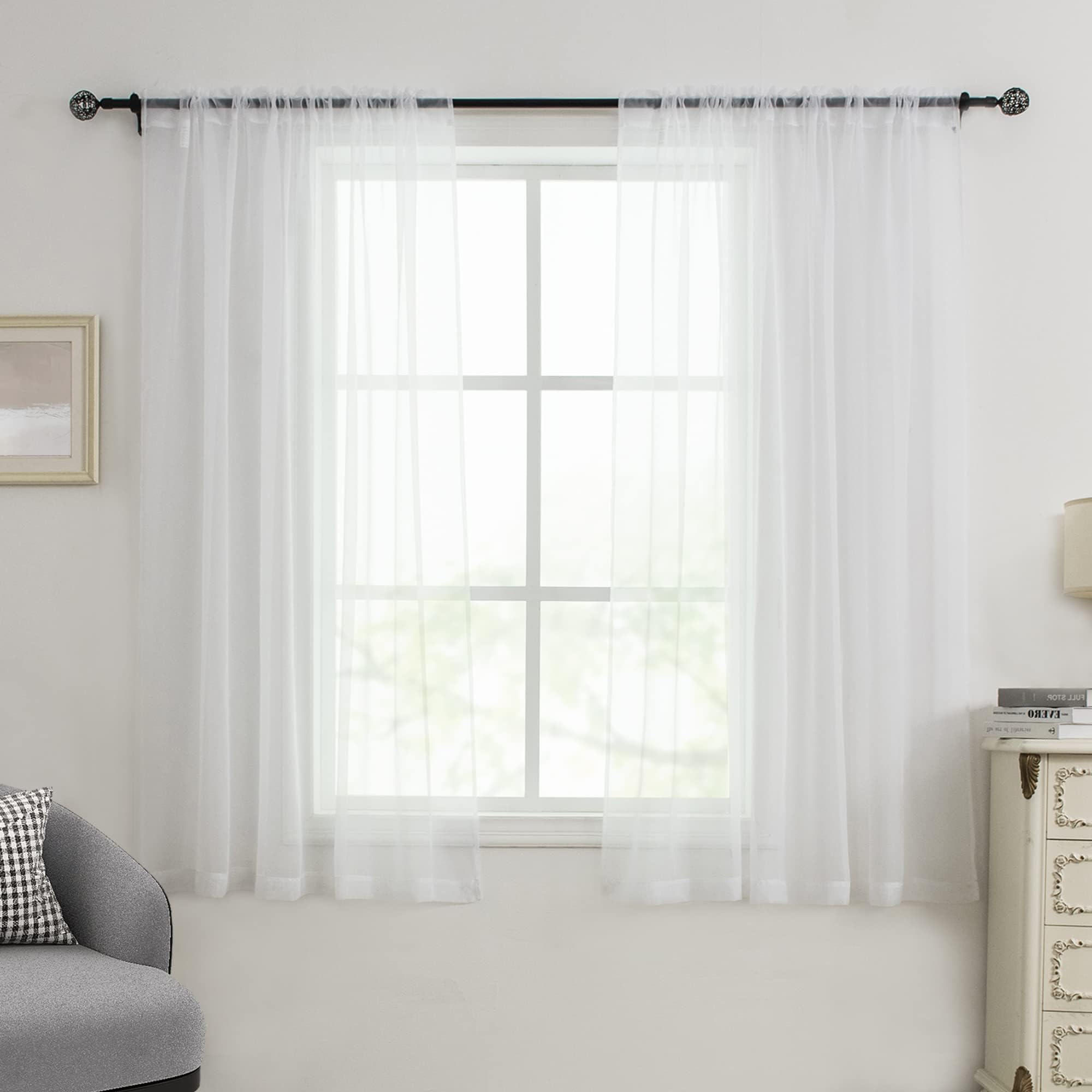 HUTO 2 Panels Small White Sheer Curtains 45 inches Long Rod Pocket Sheer Window Drapes Panels for Kitchen Bathroom