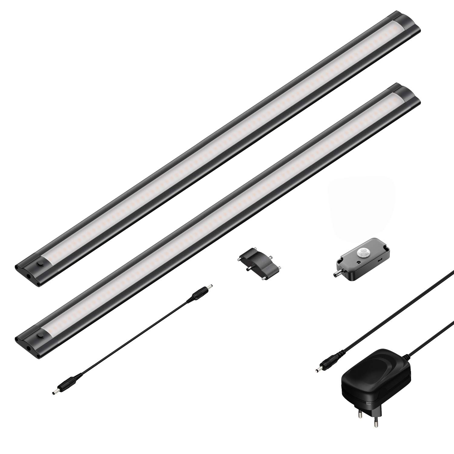 ledscom.de Set di 2 apparecchi LED sottopensile SIRIS nero opaco con rilevatore di movimento, piatto, ciascuno 50cm, ciascuno 531lm, bianco caldo