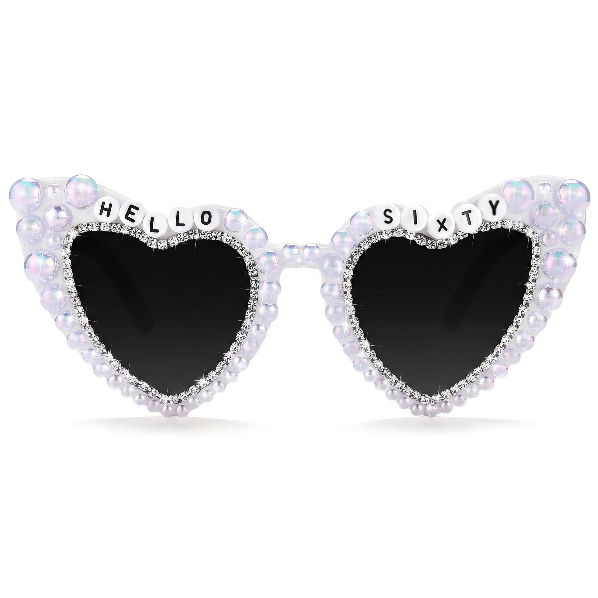 MYHOGOOD 60th Birthday Glasses, Heart Shaped Iridescent Pearl Sunglasses for Women, HELLO SIXTY Rhinestone Novelty Eyewear for Party Photo Props, Colourful Pearl Gift Glasses for Birthday