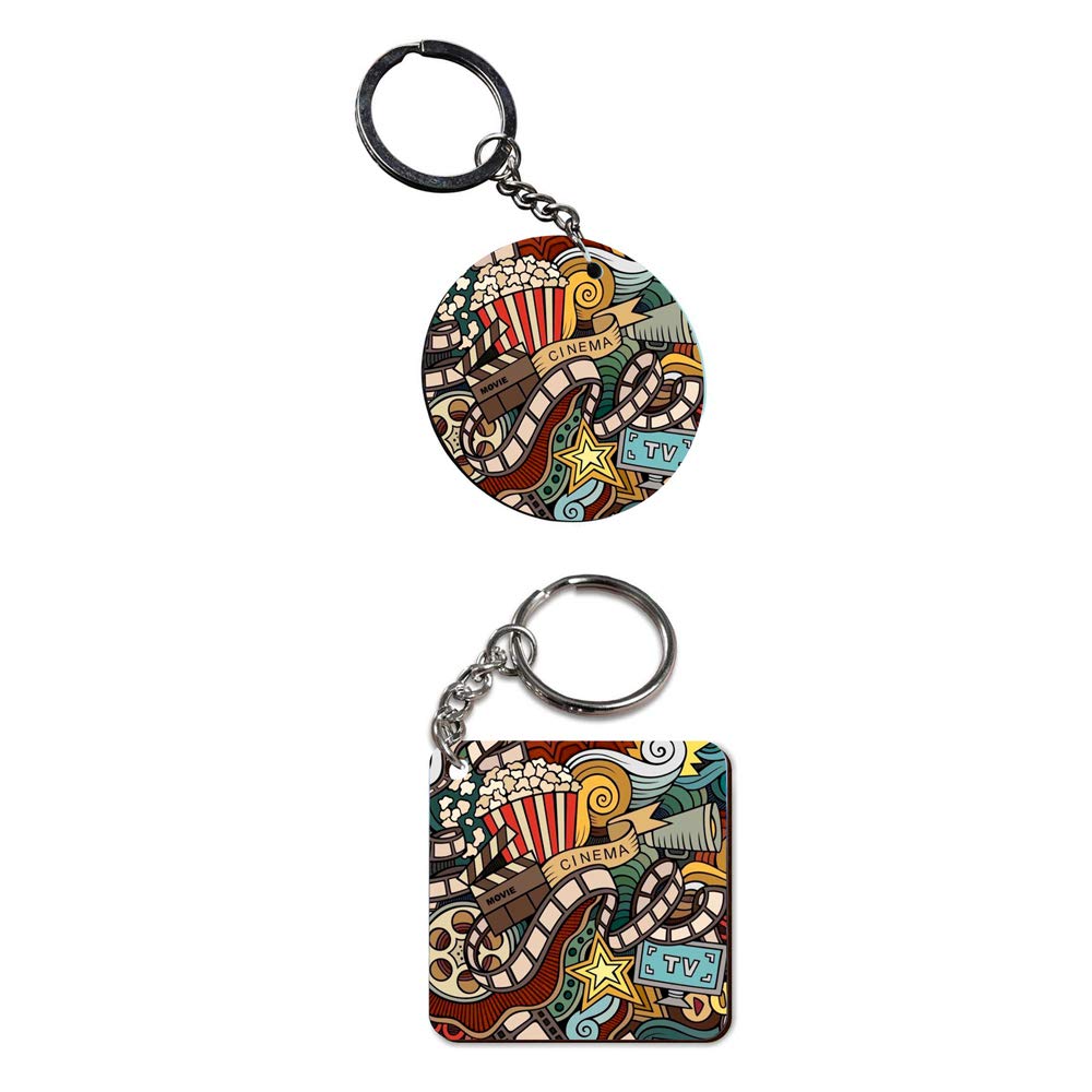 Set of 2 Multi-Colour Wooden Keychains | Circle & Square Shape Printed Cinema Texture Keyrings-image-19