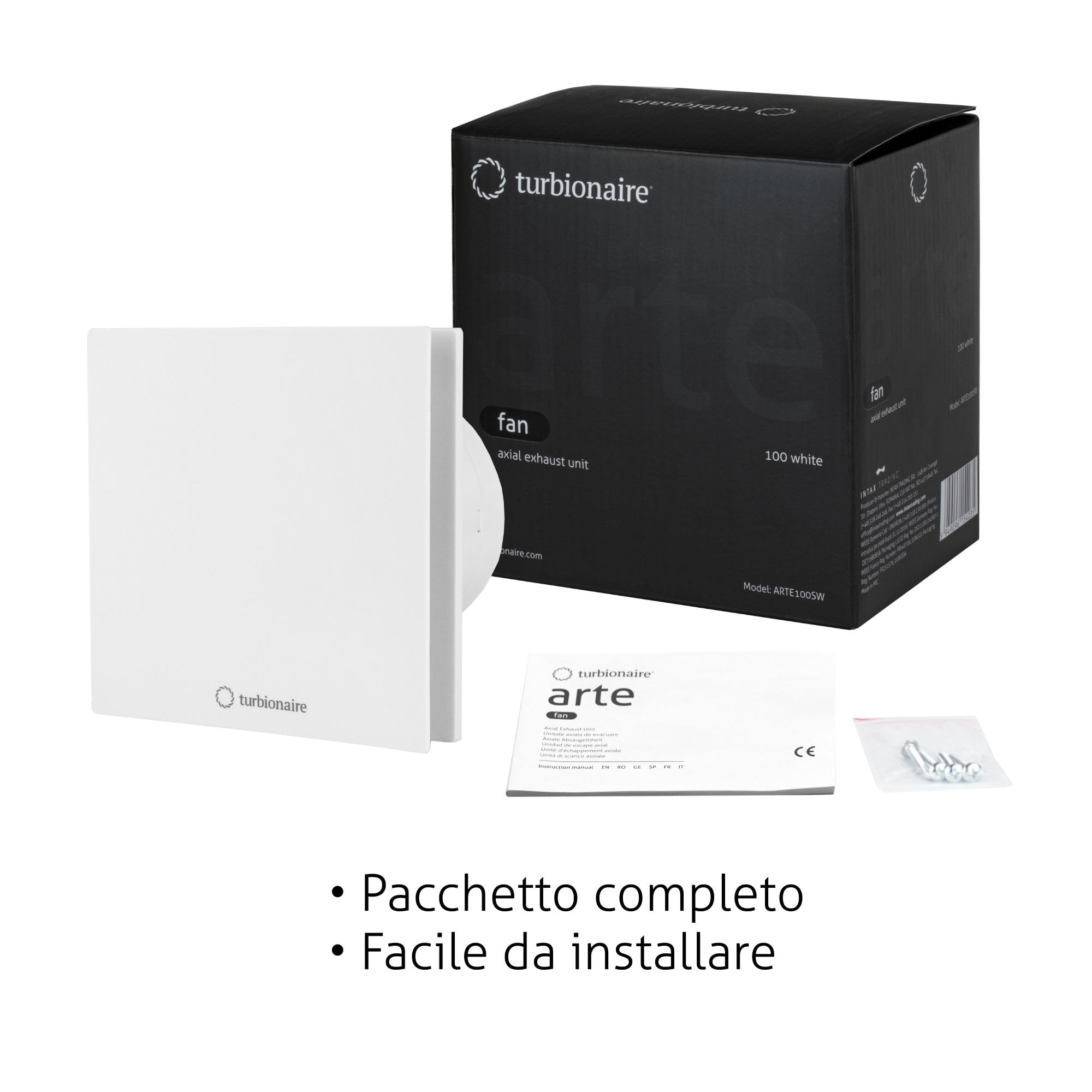 Turbionaire Arte 100SW Aspiratore Bagno, Bianco, 100 mm, Valvola di Non Ritorno, Aspirazione Perimetrale, Protezione IPX4, Per Combattere Muffa e Umidità