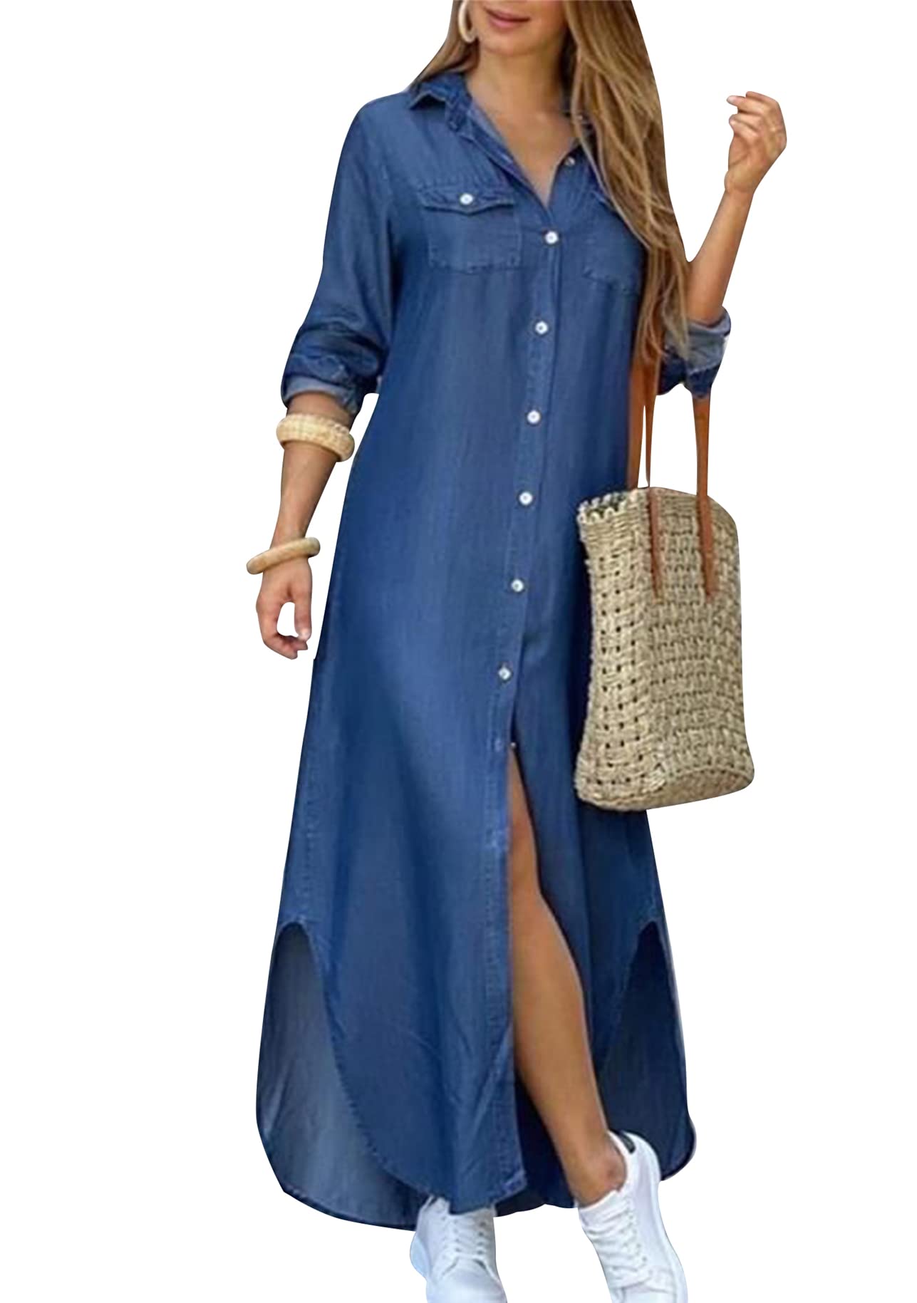 DIACACY Women's Casual Lapel Collar Floral Print Maxi Dresses Side Slit Long Sleeves Loose Slim Shirt Dresses