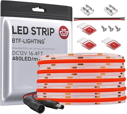 BTF-LIGHTING FCOB - Tira LED COB de color rojo, 480 LEDsm, 16.4 pies, DC12V, flexible, de alta densidad, luz uniforme de 0.315 in de ancho,