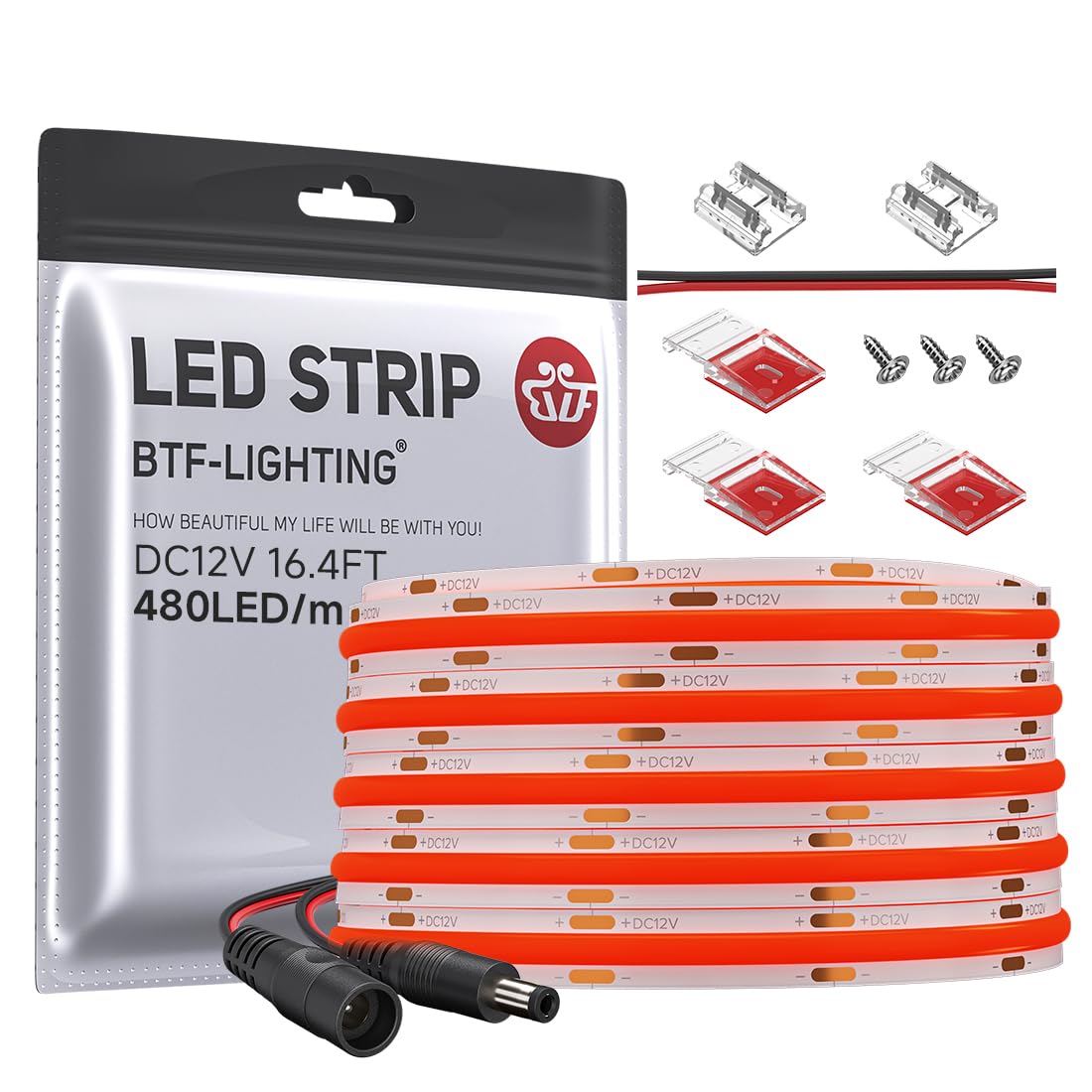 BTF-LIGHTING FCOB COB LED Strip Red Color 480LEDs/m 16.4FT DC12V Flexible High Density Uniform Light 8mm Width Bright Dimmable for Bedroom Indoor Decor(No Adapter or Controller)