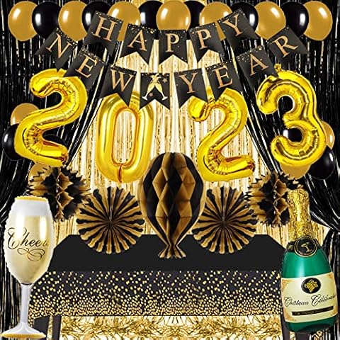 Recosis New Years Eve Party Supplies 2023, Black Gold Happy New Year Banner Paper Honeycomb Pompoms Tablecloth Curtain Backdrop 2023 Foil Balloons for NYE Decorations 2023 New Years Eve Decorations Cover