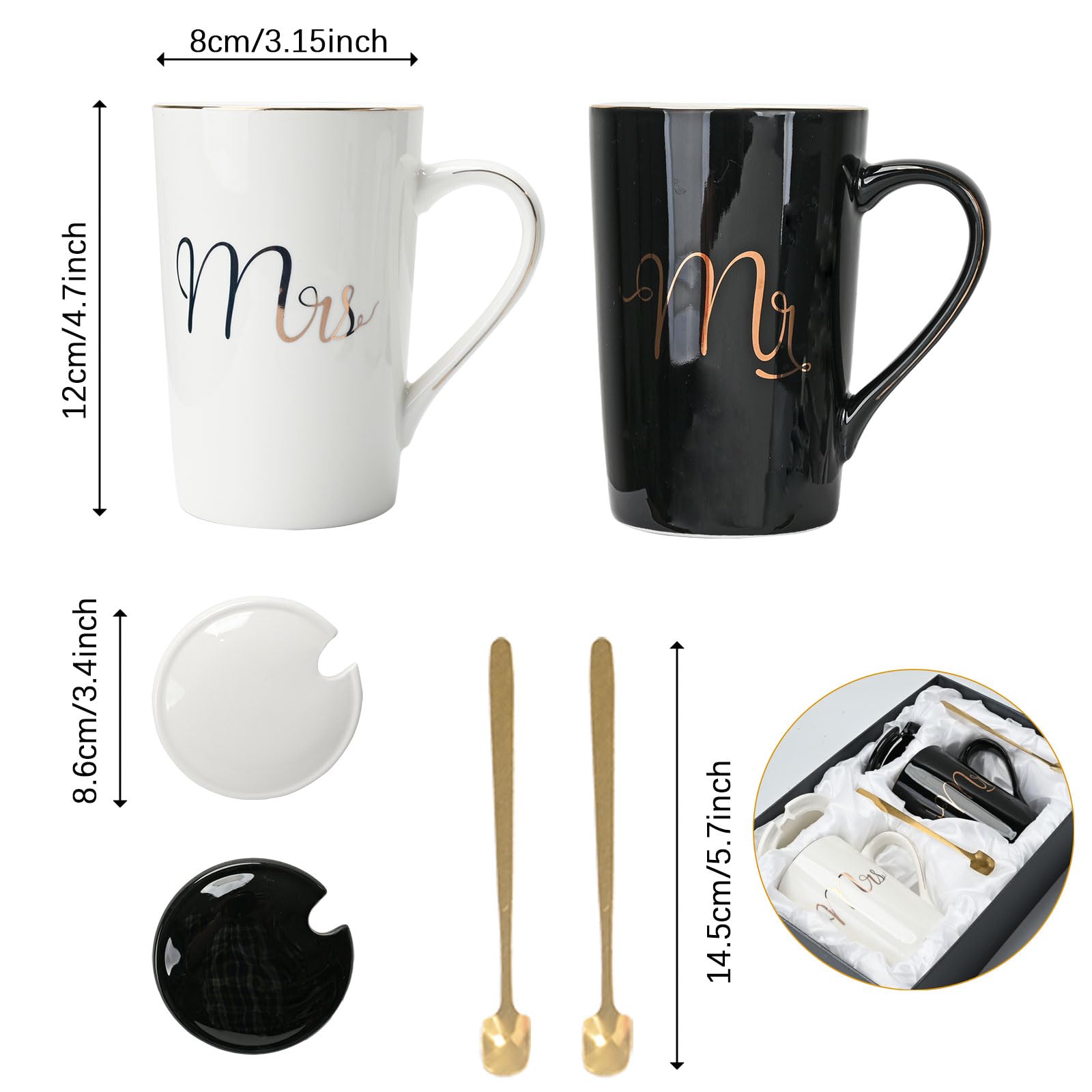 Atoke 2Pcs Ensembles de Mugs,Mr Mrs Tasses Café En Céramique Cadeau pour Cadeaux de Noël,Mariage,Couple,Anniversaire,Fiançailles,Saint Valentin,400ML