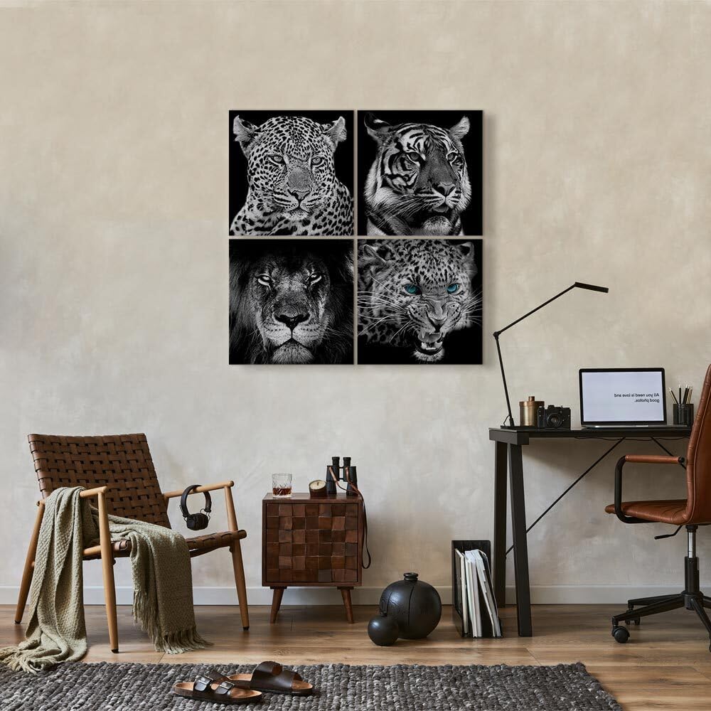 decomonkey Quadri Moderni Soggiorno Animali Tigre Gatti, 4 pezzi, 40x40 cm | Tela strutturata su telaio in legno, decorazione da parete, leone, occhi, turchese, bianco, nero, Quadro Stampa su Tela