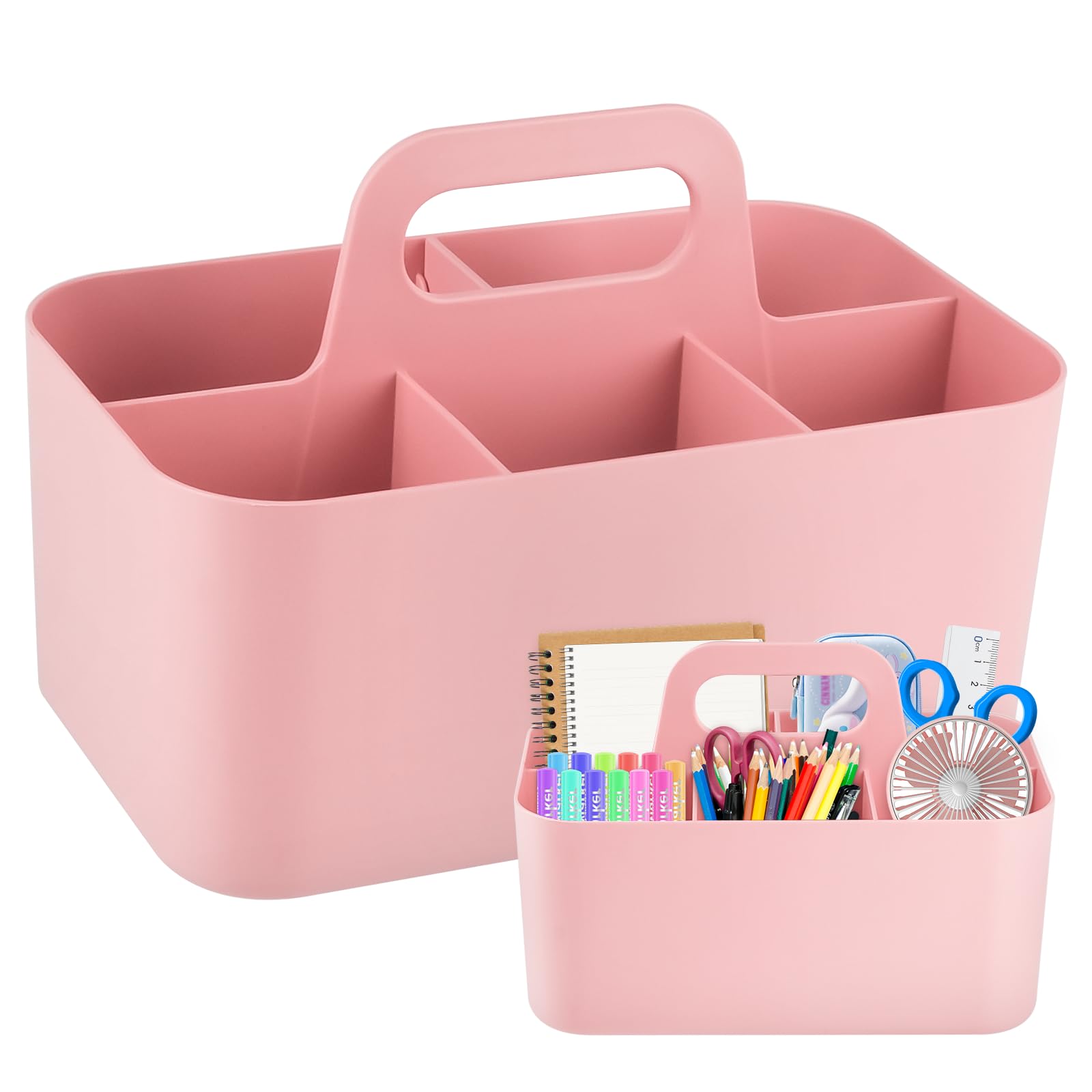 WuGU Organizer Basket with Handle, Multipurpose Plastic Storage with 5 Compartments, Desk Organizer, Multifunctional Cleaning Basket for Organizing Cosmetics and Office Supplies (Pink)