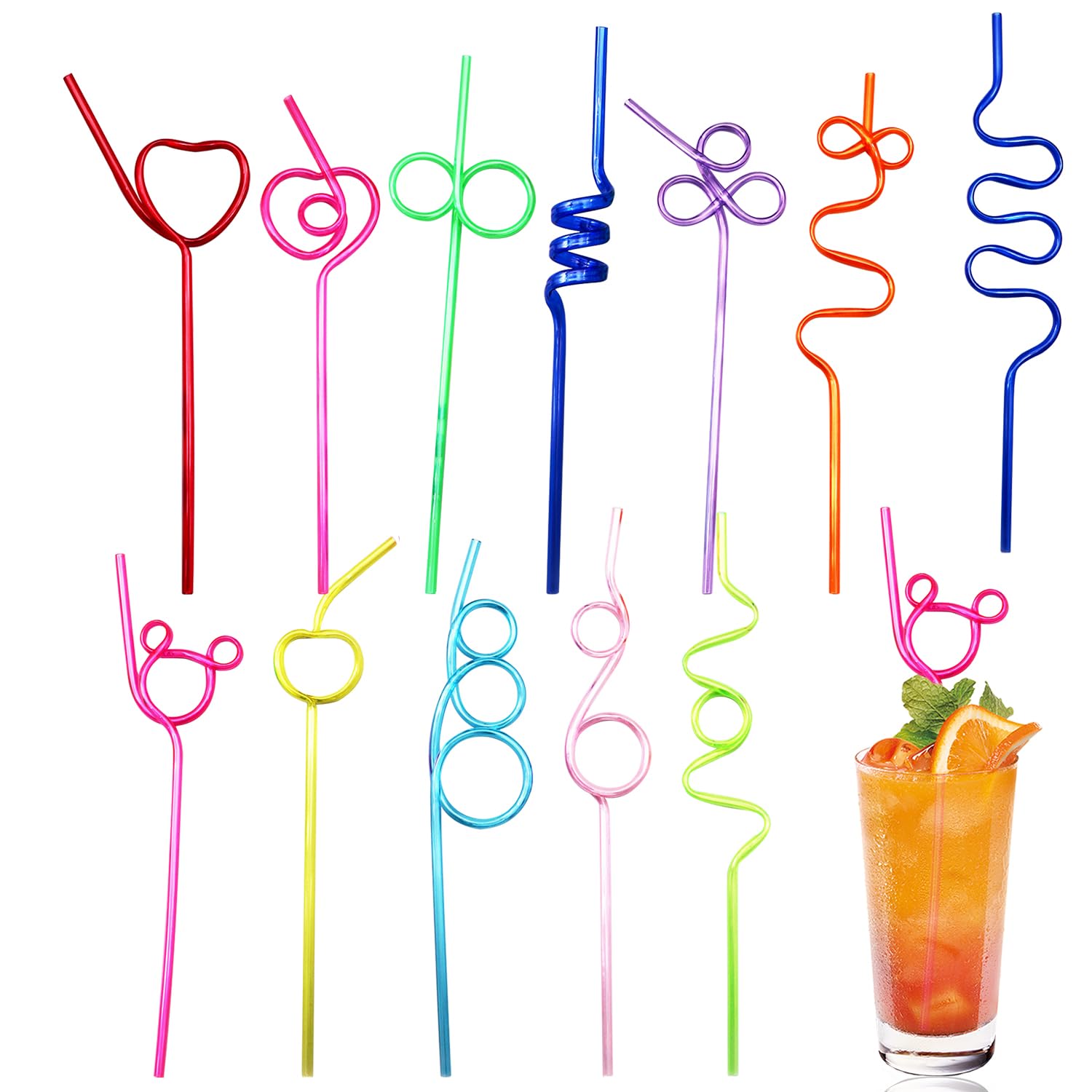 12 Pcs Colorful Curly Straws – Reusable Party Straws for Kids and Adults – Fun, Eco-Friendly Drinking Straws for Beverages, Smoothies, and Cocktails