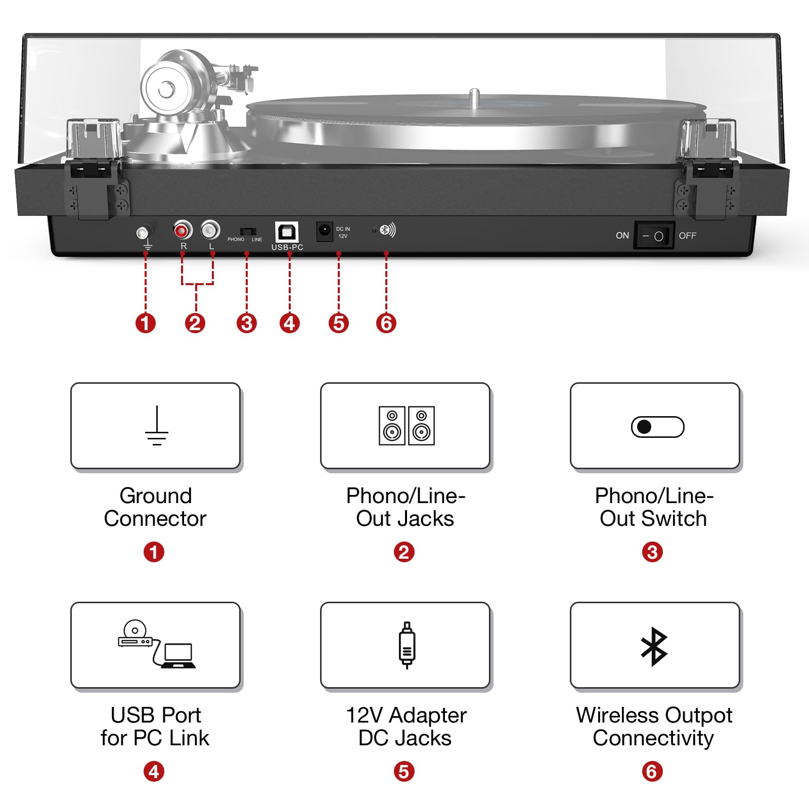 Giradischi Vinili Trasmissione a Cinghia con Connettività di Uscita Wireless, Lettore con Contrappeso Regolabile e Cartuccia Magnetica e 2 Velocità 33/45 RPM, Conversione USB, Linea Fono