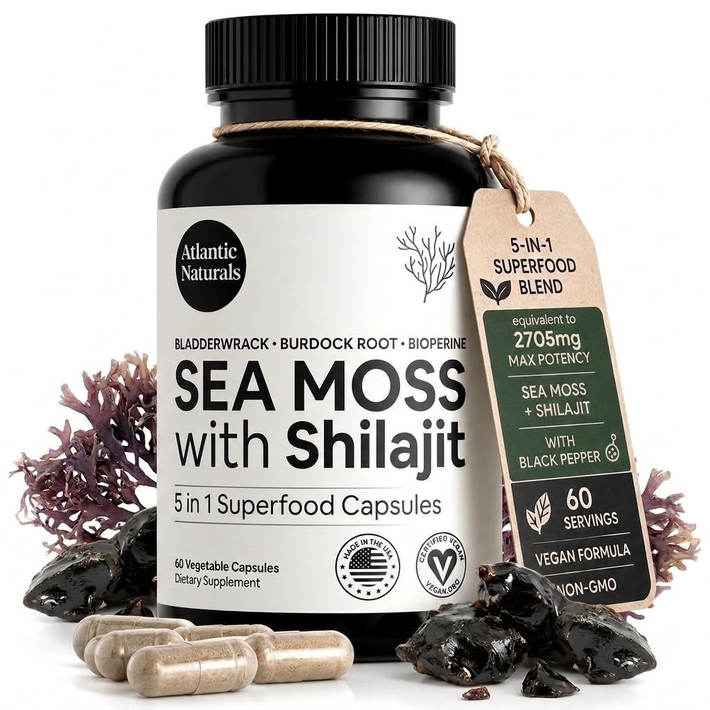 Atlantic Naturals Suplemento Fitoterápico em Cápsulas com Sea Moss, Shilajit, Bladderwrack, Raiz de Bardana e Pimenta-Preta 2705 mg, 60 cápsulas