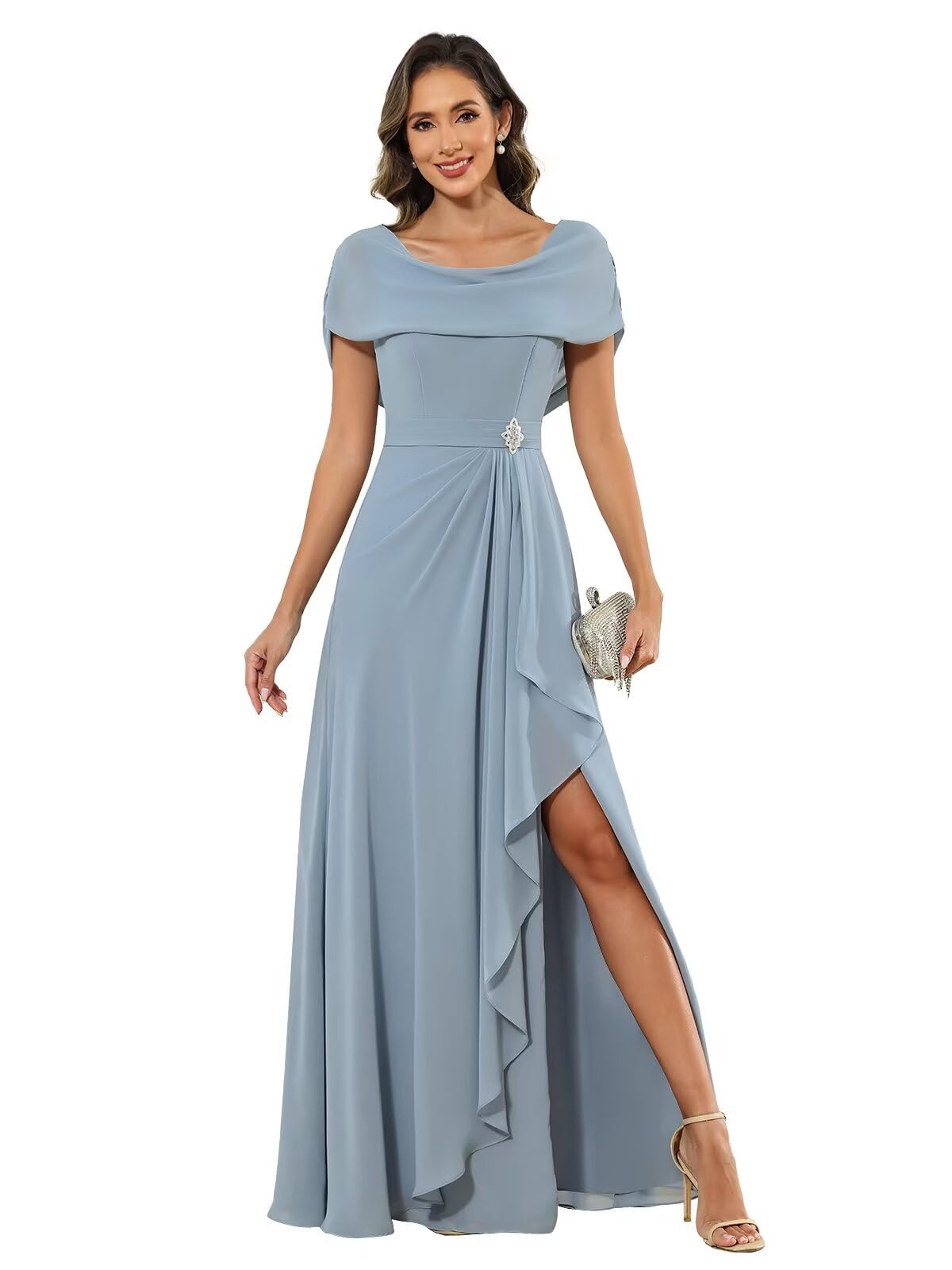 Sukleet Women's Mother of The Bride Dresses Long for Wedding Cape Sleeves Ruffles Chiffon Formal Evening Gown with Slit