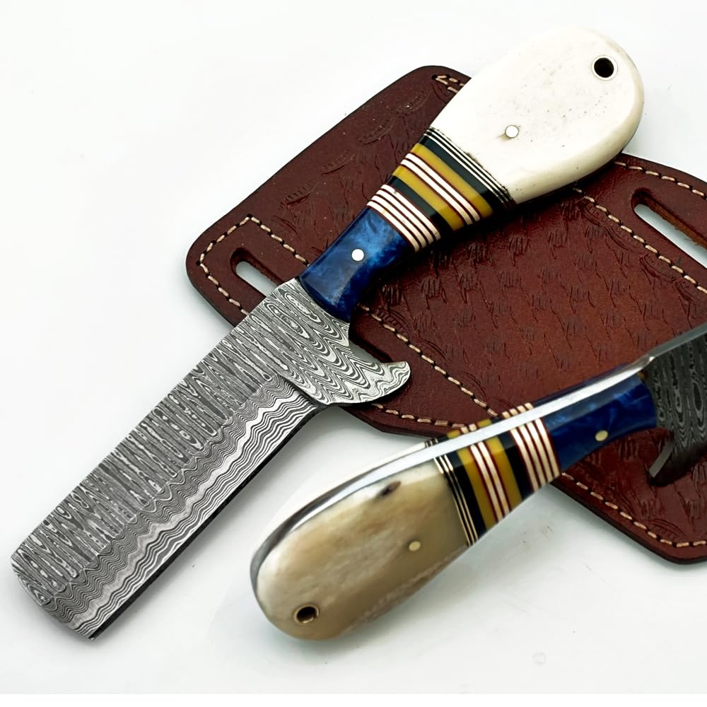 Nice Hand made Damascus steel Cow boy knife, Bull cutter knife with Beautiful leather sheath. (beige) (Creme)