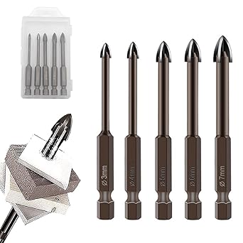 HASTHIP 5Pcs Glass Tile Concrete Drill Bit Set, Multi-Function Triangle Cross Alloy Drill Bit Tip Tools, Hex Shank Tungsten Carbide Tip Drilling Tools for Glass, Ceramic Tile Wall, and Wood (3-7 mm)