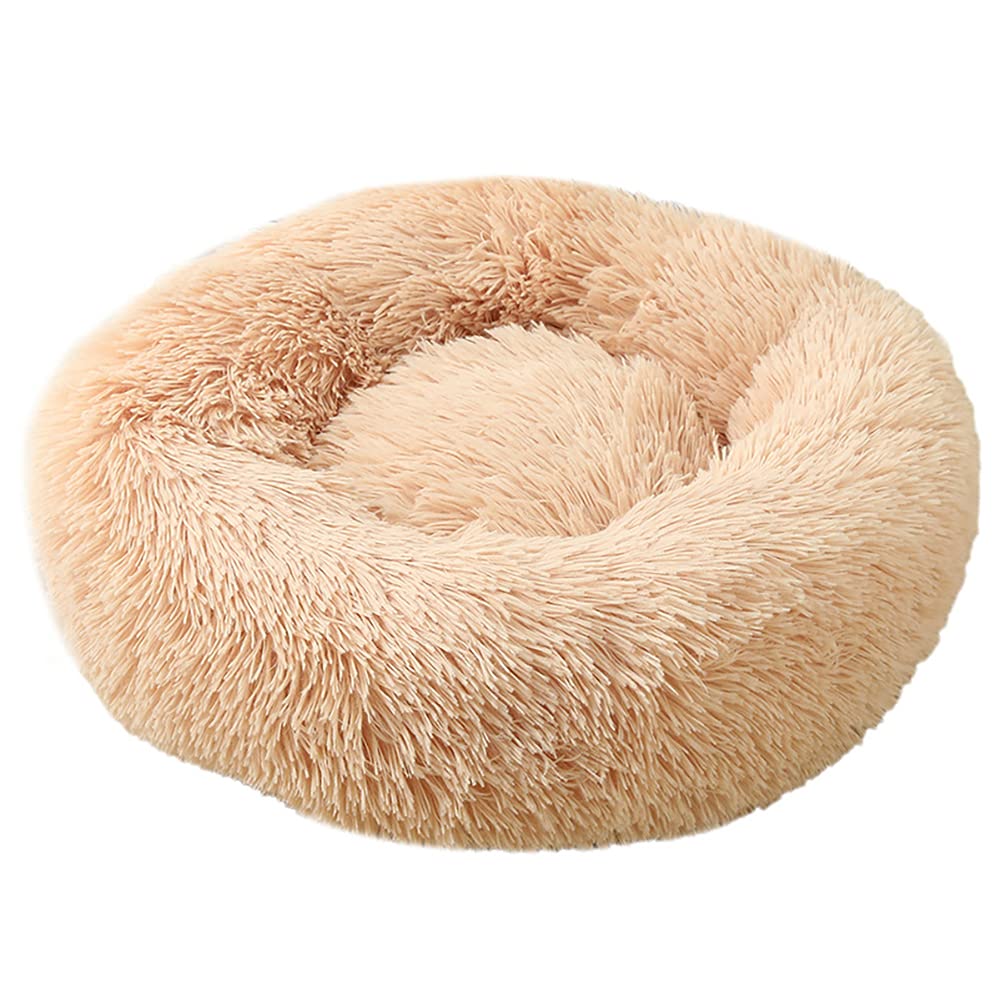 Cozomiz Calming Faux Fur Dog Beds Calming Donut Cuddler Dog Bed Washable Round Cat Bed Pillow Cuddler Fluffy Indoor Dog Calming Beds with Anti Slip Bottom Solid Color Champagne 21 Inch