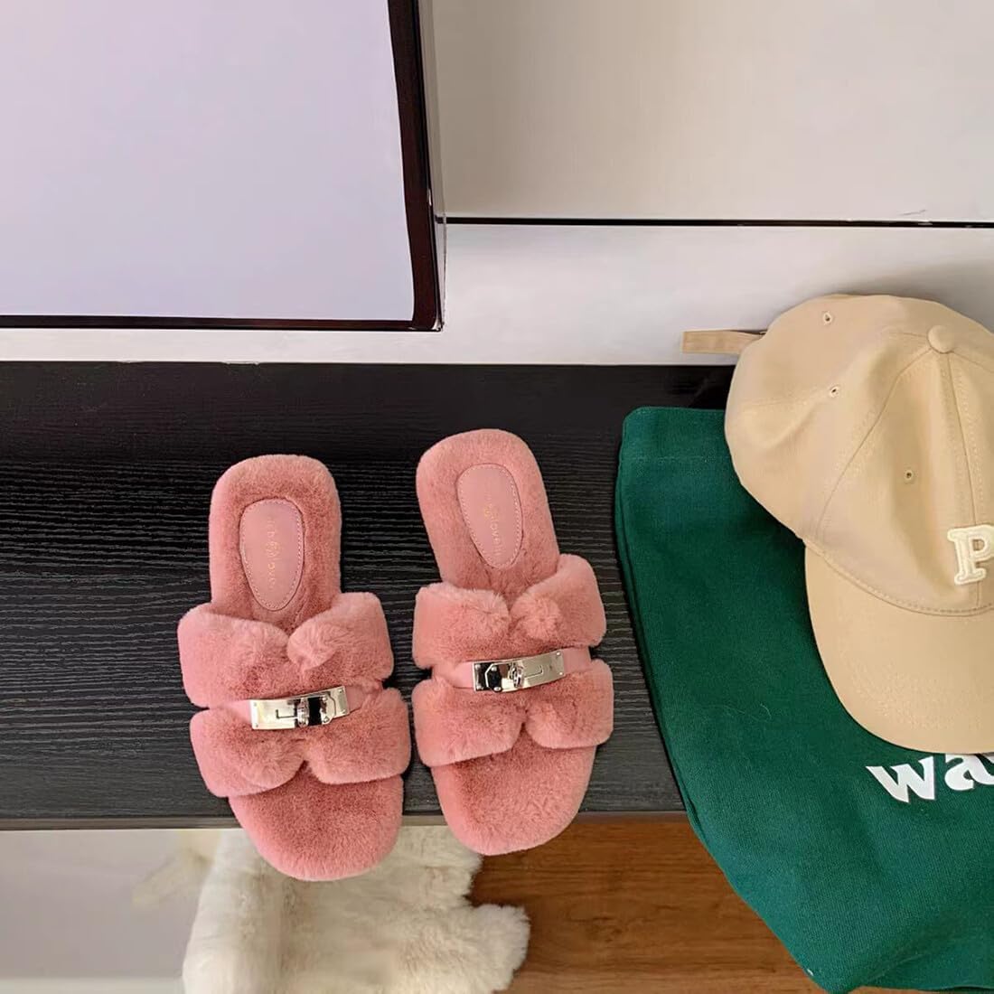 Axellion Womens Fuzzy Slides Open Toe Fluffy House Slippers Indoor Outdoor Furry Slide Sandals - Image 5