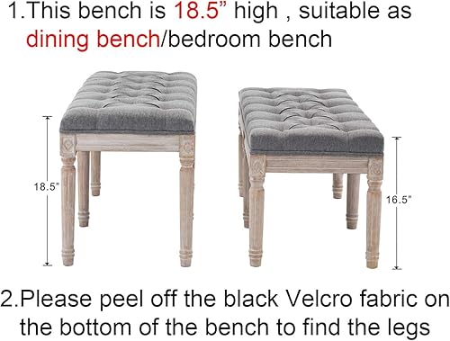 Miniatura 6 de K.MAX - Banco de entrada tapizado, banco otomano rústico con patrón tallado y patas de madera de goma cepillada color blanco rústico, gris