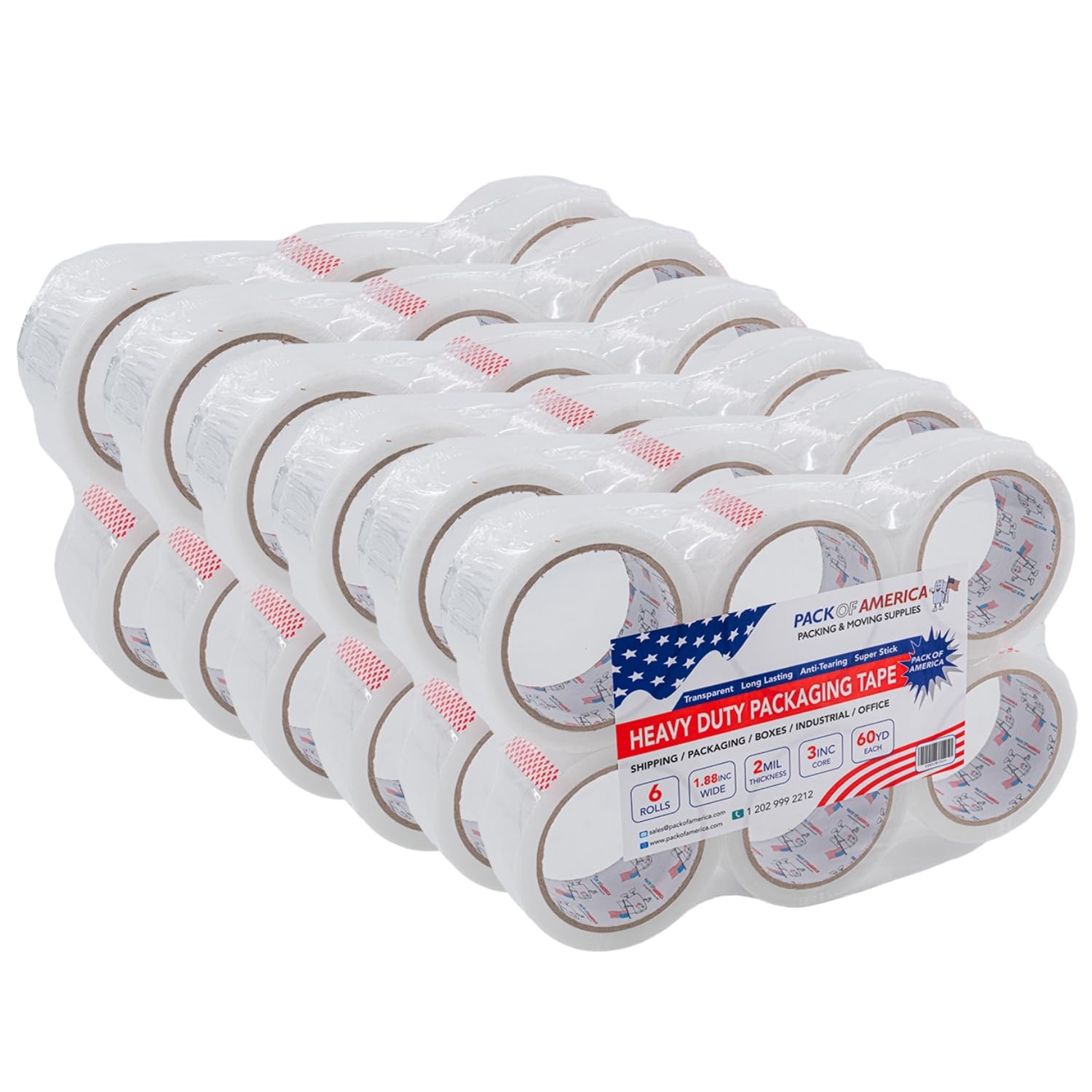 Pack of America Packing Tape, 36 Rolls 60yd (180 feet) 2 mil Thick 1.88
