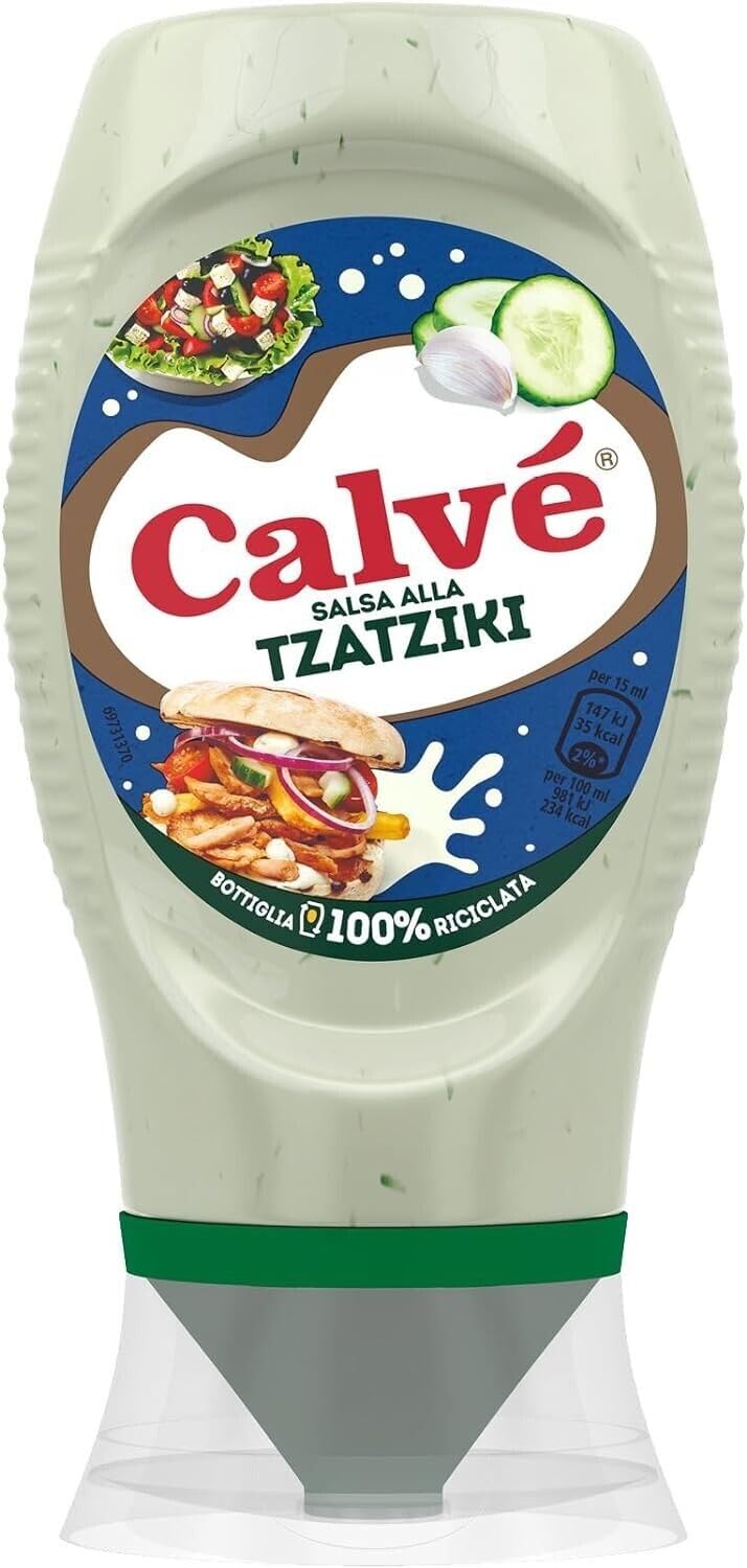 8x Calvé Tzaziki Sauce,Würzsoße auf Basis von Gurken und Knoblauch,Glutenfrei Würzsauce,Top Down 250ml + Beni Culinari Kostenloser Schlüsselanhänger