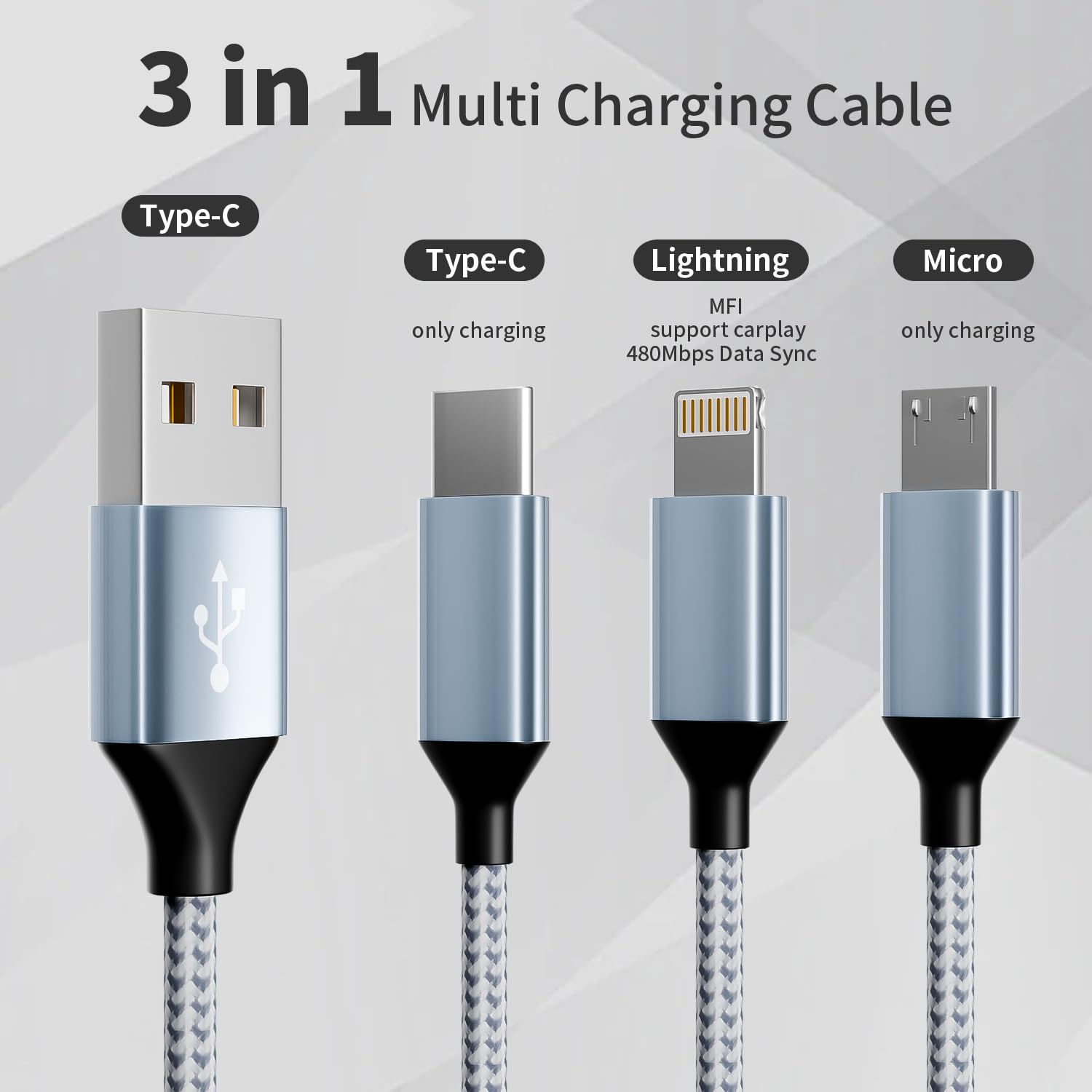 Multi Charging Cable(3Pack 4FT), 3 in 1 Charging Cord for Multiple Devices thumbnail