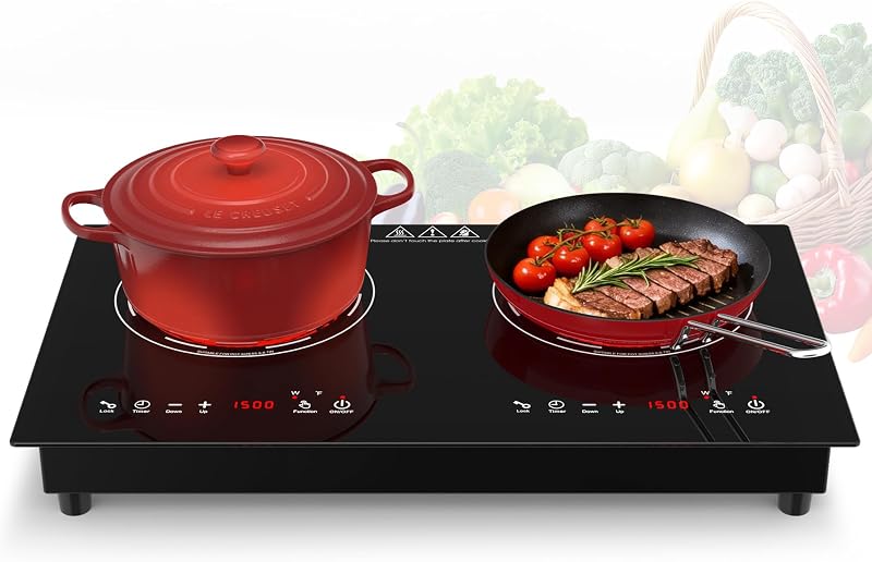 VBGK Electric Cooktop,24 Inch Electric Stove Top 110V 3000W with LED touch Control,8 Power Levels, Kids Lock & 4H Timer,Overheat Protection stove,2 burner cooktop