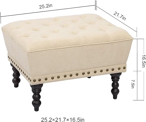 Miniatura 3 de Joveco Taburete otomano de tela reposapiés pequeño banco moderno asiento silla, Crema Blanco