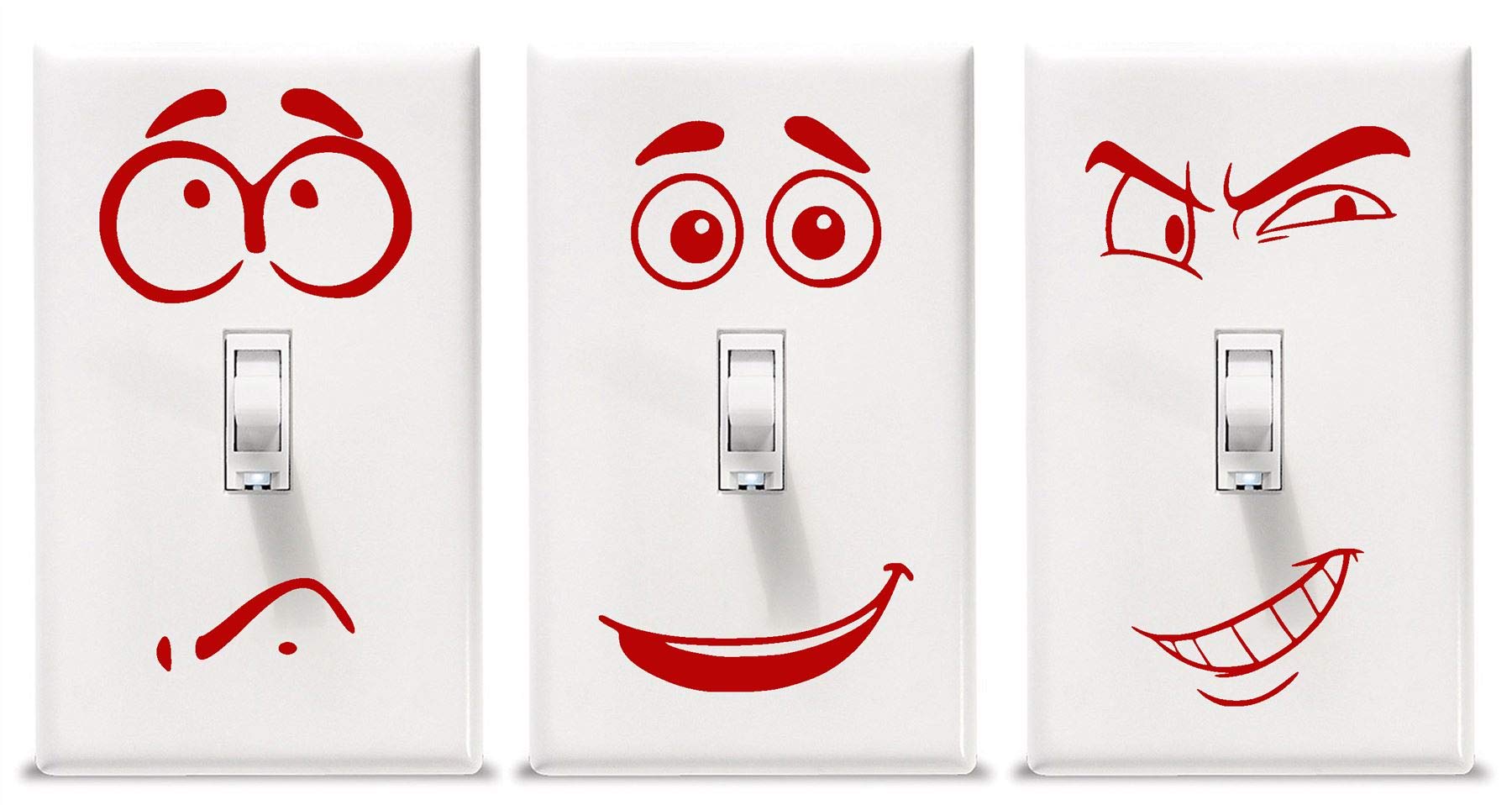 DecalDoggy - Funny Faces Light Switch Cover 3-Pack Vinyl Decal Car/Wall - Red
