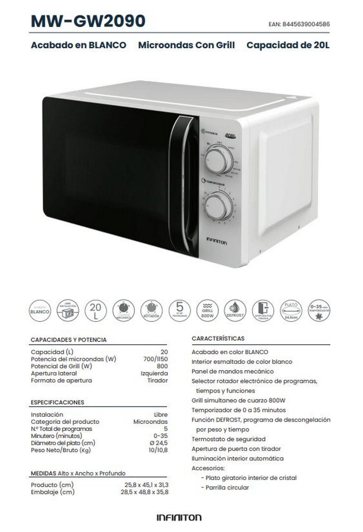 INFINITON Microondas MW-GW2090, 20 Litros, 800 W, Grill, Temporizador de 0 a 35 minutos, Apertura de puerta con tirador, Blanco