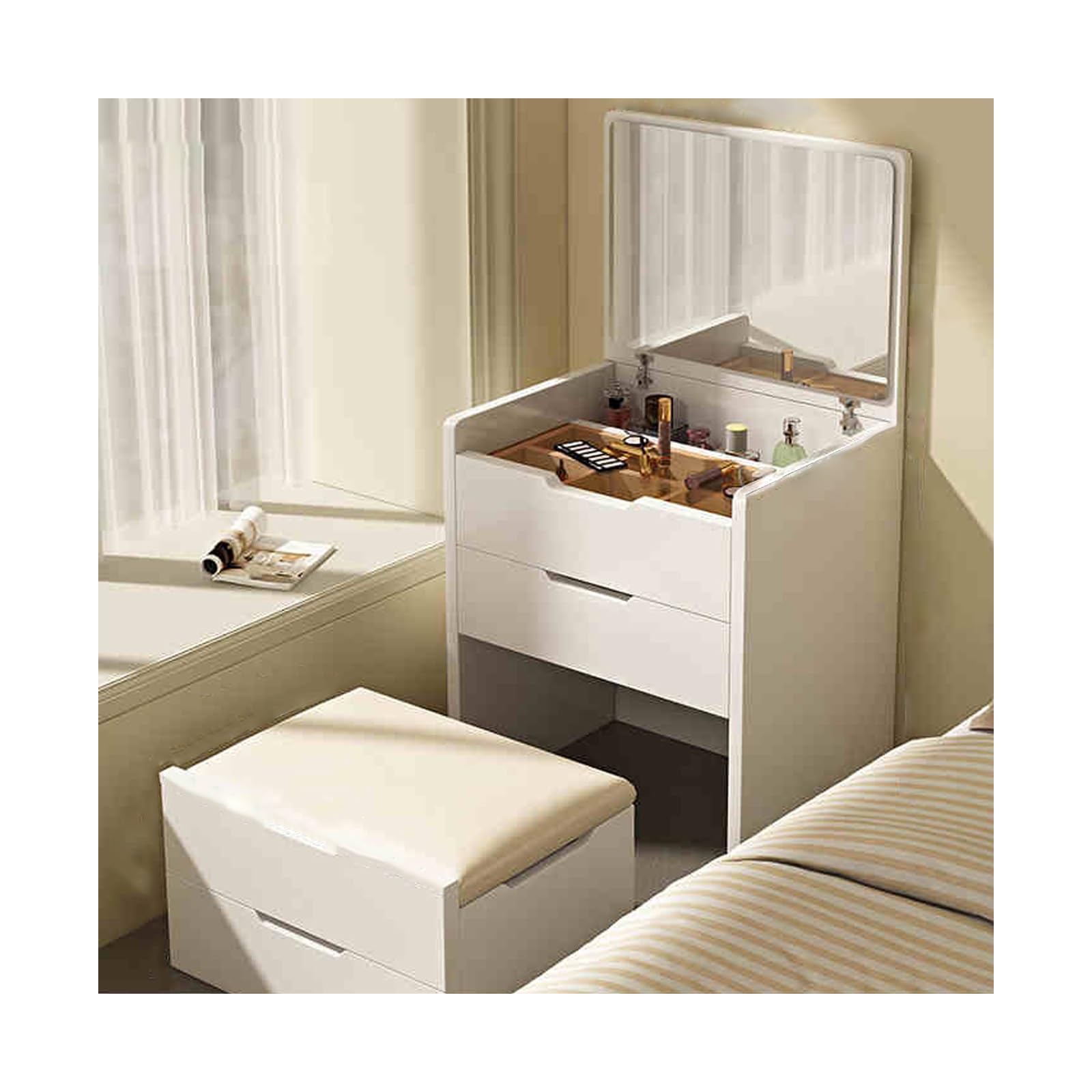 BKSXSOP Vanity Table with Mirror, Small Dressing Set Stool, Perfect for Bedroom & Bathroom, Compact Makeup Station - White, 45CM
