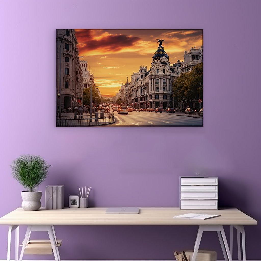 Canvas for Living room. Madrid's Gran Via Embraces Twilight: A Bustling City Under a Fiery Sky, 27 x 18 inch Canvas Wall Art - Wall Art Digital Painting - Modern Home Decor